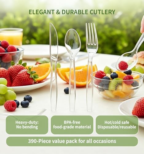 390 Count Extra Heavy Duty Disposable Clear Plastic Silverware,Bulk