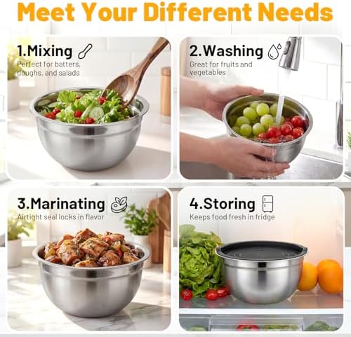 Beasea Mixing Bowls with Lids, 2 Pack 1.5 QT Small Stainless Steel Mixing Bowls with Lids, Nesting Metal Bowl Set for Kitchen, Baking, Prepping, Serving, Cooking