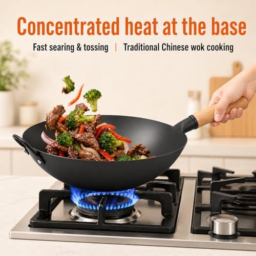 WANGYUANJI 14.2 Inch Round Bottom Carbon Steel Wok, Nitrided Iron Chinese Stir Fry Pan for Gas Wok Burner, Wok Ring Needed for Flat Gas Grates, Wooden Handle