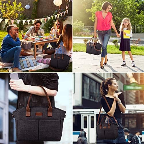 Lunch Bags for Women Insulated Thermal Lunch Tote Bag with Shoulder Strap Upgrade Large Lunch Box Container Drinks Holder for Adults Men Work Picnic Beach Park, Dark Black