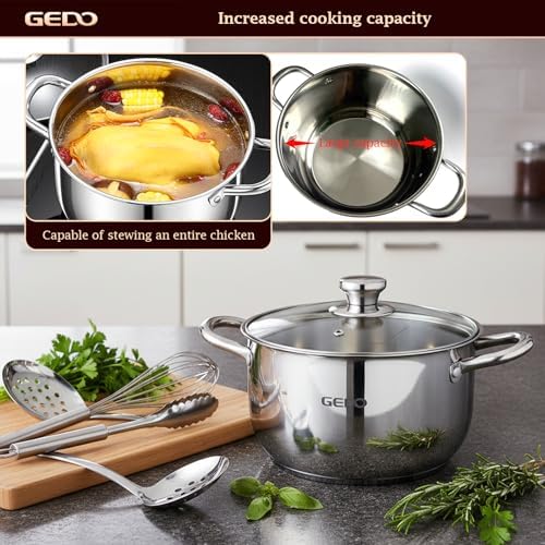 GEDO Stainless Steel Stock Pot with Glass Lid, 304 Grade Premium Soup Pot, Silver, Double Handle, for Kitchen Cooking (7.07in/18cm size)