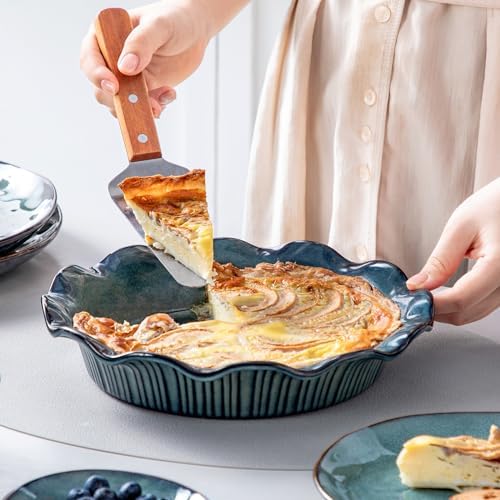 vancasso Ceramic Pie Pan for Baking, 9 inch Deep Pie Plates for Apple Pie, Pot Pie, Tart and Quiche, Reactive Glaze Fluted Pie Pans, Large Pie Dish with Ruffled Edge, Green, STERN Series