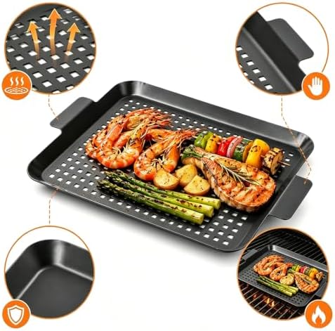 Outdoor Grill Pans: Enamel Non‑Stick Grill topper - Grill Tray with hole, Grilling Baskets Outdoor Set for Vegetable, Meat (dark black)