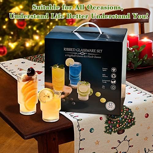 ISMASOAN Small Ribbed Glassware Set of 12, Glass Cups Fluted 12 oz & 7 oz