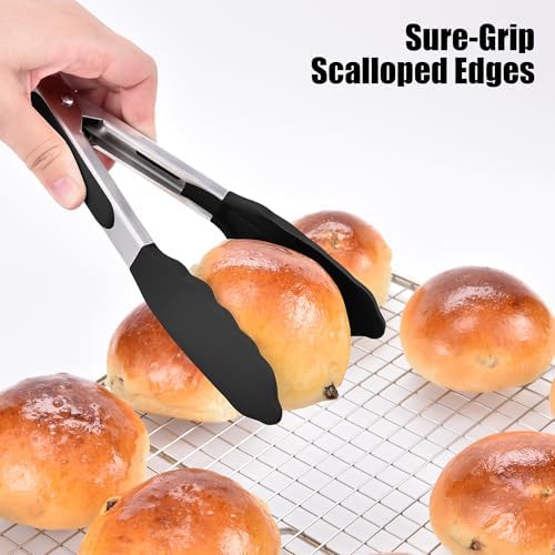 Doosu Kitchen Tongs with Silicone Tips for Cooking Serving (7in, Black)