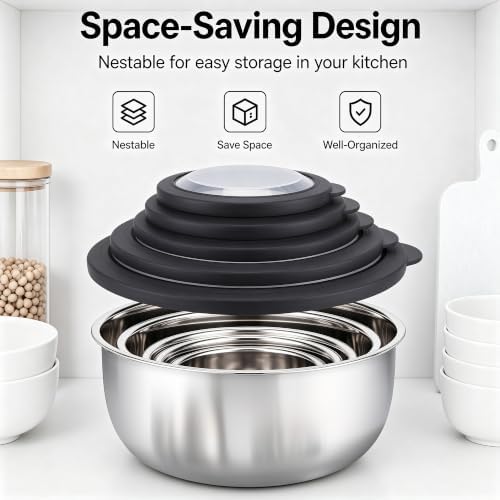 E-far Mixing Bowls with Lids Set of 5, Stainless Steel Nesting Salad Bowls