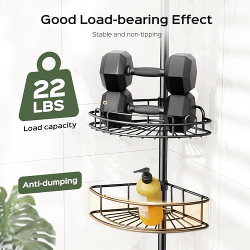HAMITOR Corner Shower Shelves, 4-Tier AdjustableTension Caddy for Renters
