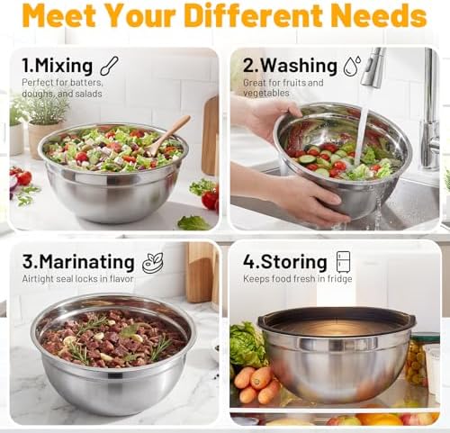 Beasea Mixing Bowls with Lids, 2 Pack 4 QT Stackable Stainless Steel Mixing Bowls Set with Lids, Metal Nesting Bowl for Kitchen, Baking, Food Prepping and Serving
