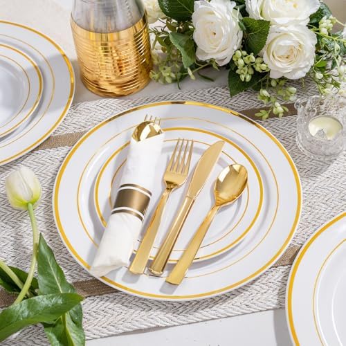 WELLIFE Disposable Plates & Gold Silverware Set, 350 Pieces for 50 Guests