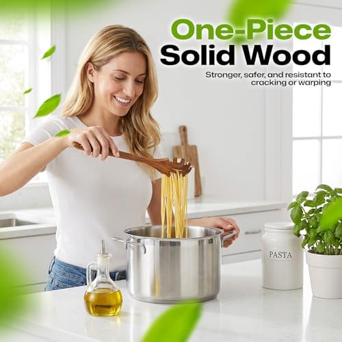 AIUHI Teak Wooden Pasta Fork with Teech, 12.8" Slotted Noodle Server, Heat-Resistant Nonstick-Safe Kitchen Utensil for Stirring & Serving