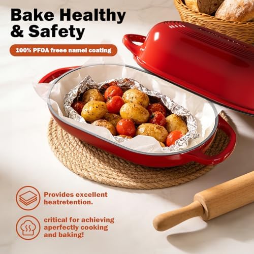 Enameled Cast Iron Sourdough Bread Oven, Dutch Oven, incl. Sourdough Bread-Baking Supplies like Banneton Bread-Proofing Basket - 5QT Loaf Cast Iron Bread Pan for Homemade Bread Baking, Red Meatloaf Pan with Lid