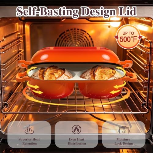 Umite Chef Complete Mini Double Dutch Oven Kit for Sourdough Bread – Enameled Cast Iron Bread Pan with Deep Dual Loaf Pots, Includes 5" Banneton Basket & Cotton Potholders, 500°F Oven Safe (Orange)