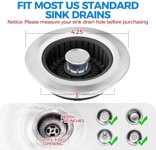 zaa 3 in 1 Kitchen Sink Drain Strainer Stopper Removable Basket Pop-Up