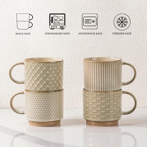 GBhome 12 OZ Stackable Coffee Mugs Set of 4, Ceramic Coffee Cups Set