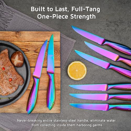 WELLSTAR Steak Knives Set of 8 with Wood Block, 4.75 Inch Rainbow Serrated Steak Knife Set, Razor Sharp German Stainless Steel with Full Tang Handle, Space Saving Steak Knife Set