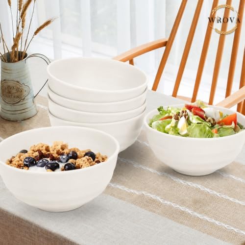 Wrova Wheat Straw Bowls Set 60 OZ, Unbreakable Large White Bowls Set of 6, Microwave and Dishwasher Safe Big Cereal Bowl for Dorm and Apartment, Salad Bowl for Serving Oatmeal and Popcorn (White)