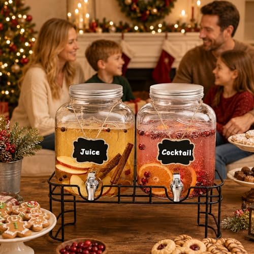 1 Gallon Glass Drink Dispensers For Parties-Set of 2,Leak-Proof Spigot