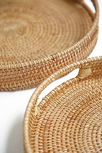 HITOMEN 14.2" Hand-Woven Round Rattan Serving Tray Decorative Ottoman Wicker Platter with Handles for Coffee Table, Breakfast, Drinks, Snack, Bread, Fruit, Vegetables (Natural-L)