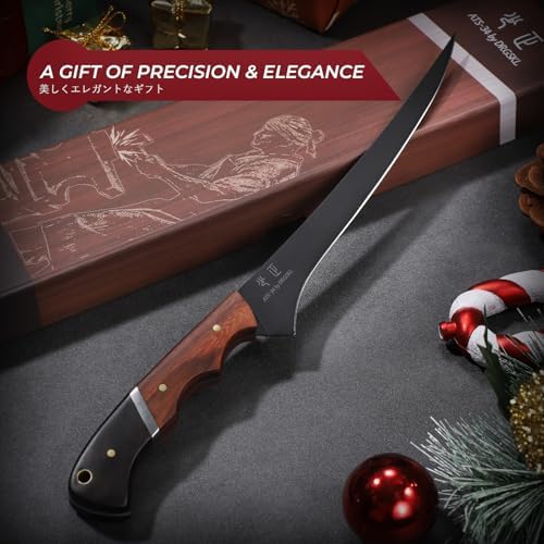 DRGSKL Fish Fillet Knife 7 inch - Black Slicing Knife with Wooden Handle