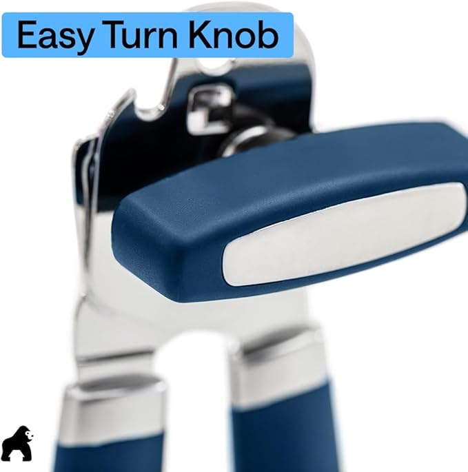 GORILLA GRIP Heavy Duty Stainless Steel Smooth Edge Manual Can Opener and Bottle Openers, Soft Comfortable Handle, Oversized Handheld Turn Knob, US Designed Multifunctional Kitchen Tool, Blue
