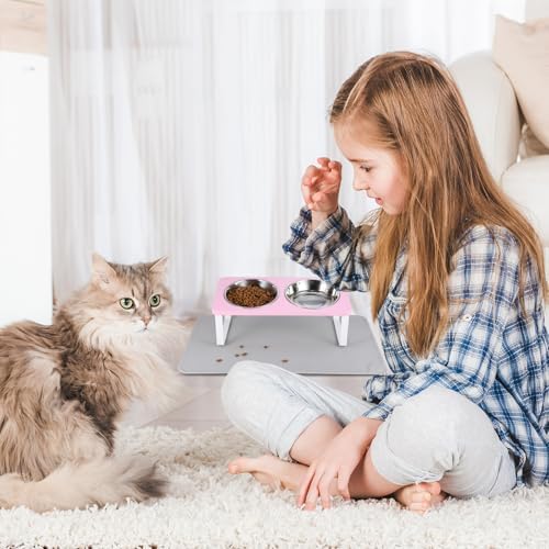 Summark Upgraded Elevated Cat Bowls with Food Mat,15°Tilted Stand Anti Vomiting Raised Cat Dishes for Food and Water,2 Stainless Steel Bowls for Cats and Puppy(Pink)