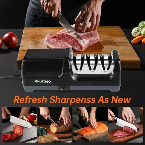 Enutogo Knife Sharpener, Professional 3-Stage Electric Knife Sharpener for Kitchen Knives, 100% Diamond Abrasive for 20° Precision Angle Guide, Quickly Sharpening and Polish Blades