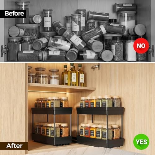 Pull Out Spice Rack, 3 Pack 2-Tier Cabinet Organizer, Black