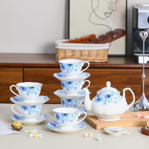 27oz Porcelain Blue Rose Teapot, Classic Gift for Tea