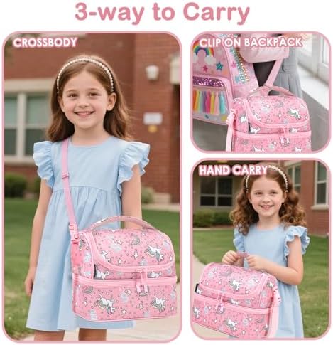 FlowFly Double Decker Cooler Insulated Lunch Bag Large Tote for Boys, Girls, Men, Women, With Adjustable Strap (Red-Unicorn)