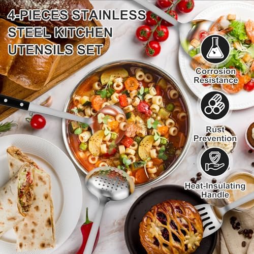 Pleafind 4-Pcs Cooking Utensils Set, Stainless Steel Kitchen Utensils, Mirror Polished Kitchen Essentials Set Include Wok Ladle, Slotted Spoon, Wok Spatula &Slotted Spatula, Dishwasher Safe