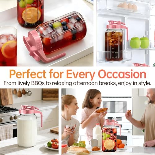 64oz Glass Pitcher with Lid & Spout – 2 Quart Mason Jars, Airtight & Leakproof Breastmilk Pitcher for Cold Brew Coffee, Sun Tea, Water, Juice – Wide Mouth, Fridge Safe