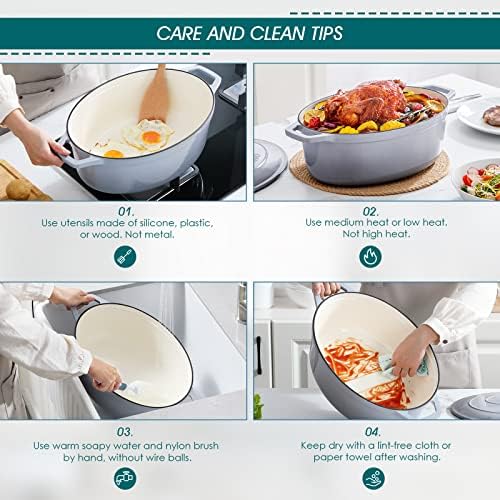 vancasso 9.3 Qt Oval Enameled Cast Iron Dutch Oven with Lid, Grey