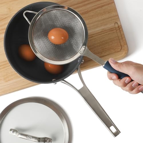Calphalon Edge Stainless Steel Strainer, Fine Mesh Kitchen Colander Strainer with Thermoplastic Rubber Handle, Sifter for Rinsing, Draining & Straining Food, Navy
