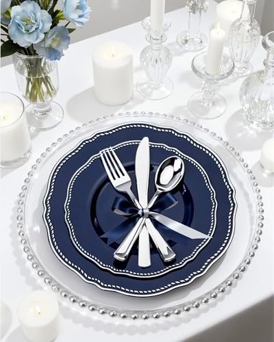 Hioasis 175 Pcs Blue Silver Plastic Plates Wedding & Party