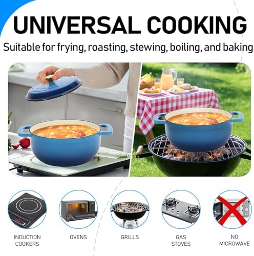 Bonnlo 5QT Round Dutch Oven, Enameled Cast Iron Dutch Oven Pot with Lid & Dual Handles, Oven Safe Up to 500° F, for Sourdough, Bread Baking, Stews and Roasting, Blue
