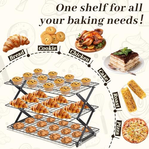 Pleafind 3 Tier Collapsible Cooling Rack - 3 Setting Design, Adjustable & Stackable Baking Rack, 5 Modes Cooling Racks for Cooking and Baking, Roasting & Grilling Gifts for Picnic Party