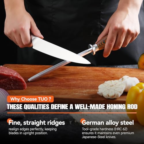 TUO Honing Rod, Sharpening Steel with Larger Diameter for Kitchen Knife Daily Honing Maintenance, High Carbon Steel 8" Knife Sharpener Rod, Ergonomic Handle