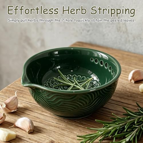 Grater Plate, 3 in 1 Handmade Tool Ceramic Bowl with Herb Stripper (Green)