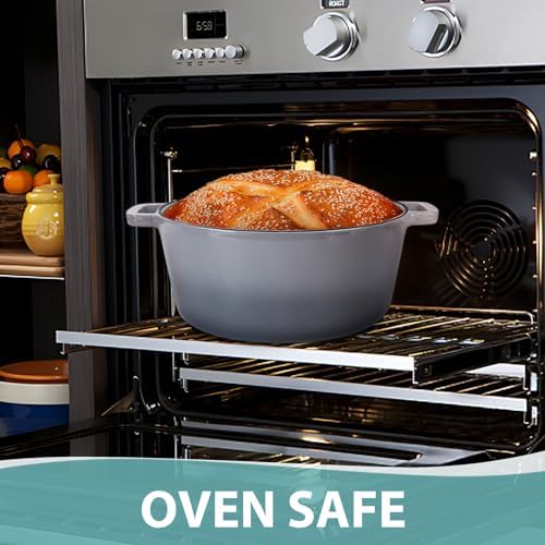 TeamFar 5qt Dutch Oven, Pre-seasoned Cast Iron for Bread Baking, Gray