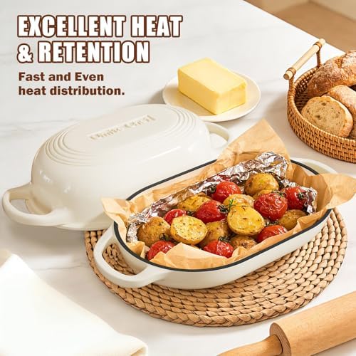 Enameled Cast Iron Dutch Oven for Bread Baking - incl. Sourdough Bread-Baking Supplies like Banneton Bread-Proofing Basket - 5QT Loaf Cast Iron Bread Oven Pan& Meatloaf Pan with Lid, Sour Sough Tools, Lame (Cream White)
