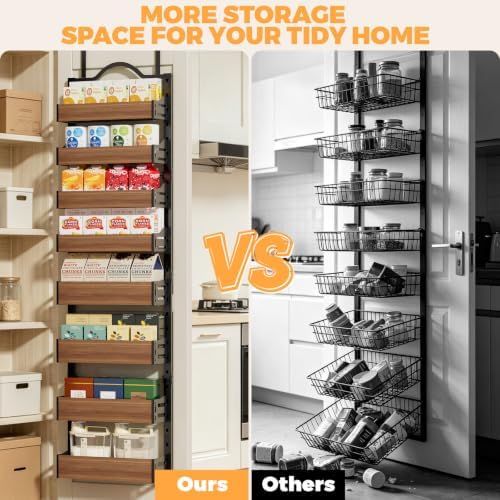 8-Tier Pantry Door Organizer, Over the Door Pantry Organizer with Wooden Adjustable Baskets, 2 IN 1 Spice Rack Wall Mount or Door Organizer, Door Spice Rack(12.4"W x 5.5"D x 66.1"H,1 Pack, Black)