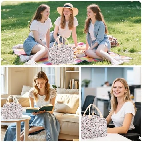 Cotton Quilted Insulated Lunch Bag, Reusable Quilted Floral Lunch Tote Bags