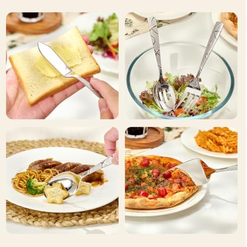HIKAA 12-Piece 18/0 Premium Stainless Steel Serving Set, Elegant Floral-Design Handles, Slotted Spoon, Serving Spoon, Fork, Tongs, Soup Ladle & Cake Server for Buffets, Weddings & Home Entertaining