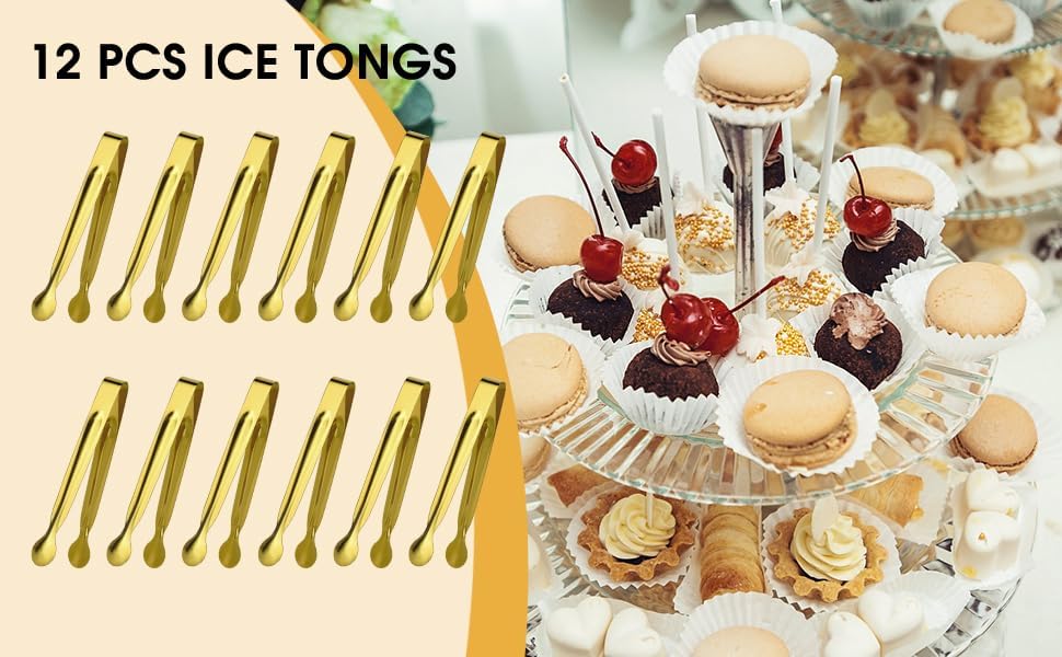 Mini Serving Tongs Set, 12 Gold Stainless Steel Tongs, 6.3 in for Sugar Cubes, Ice, Candy, Charcuterie, Coffee Bar
