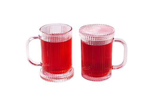 Paris Hilton Ribbed Glass Mug Set with Dual Use Lid/Coaster, Elegant Fluted Glassware, Perfect for Coffee, Tea or any beverage, Set of 2, 13.5-Ounce, Pink