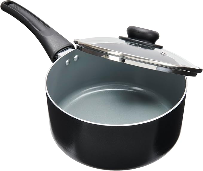 GoodCook Everyday Sauce Pan with Lid Ceramic Nonstick Aluminum Construction for Even Heating Non-Toxic PTFE & PFOA Free, 3-Quarts, Black
