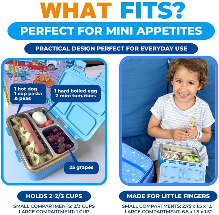 kinsho Small Stainless Steel Bento Box Lunch Container, Baby Toddlers, Blue