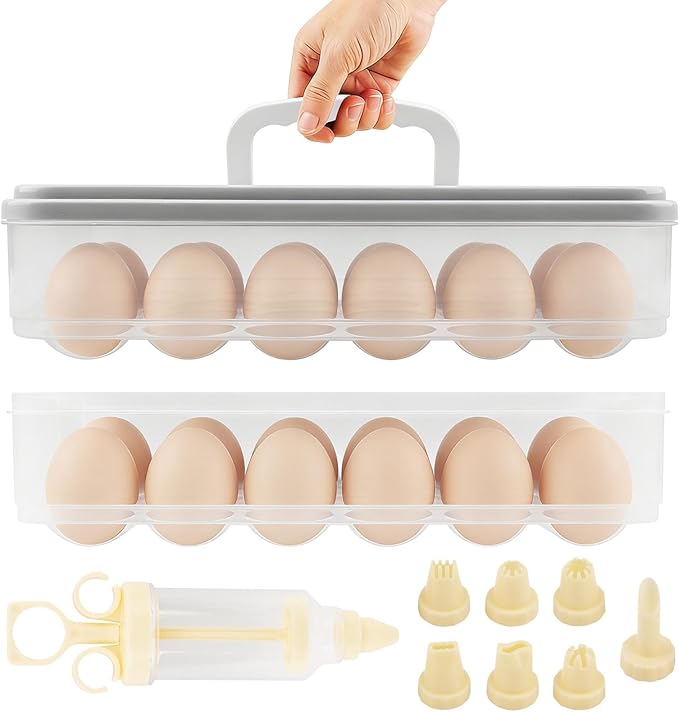 2-Layer Easter Deviled Egg Containers With Lid,48PCS Deviled Eggs Tray Carrier with Hand Injector Piping Tool, Platter Holder Organizer for Refrigerator Party Picnic Travel
