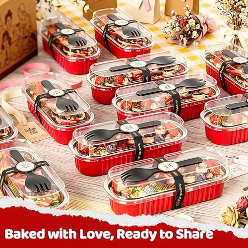 100 Pack Mini Loaf Pans with Lids and Spoons, 6.8oz Mini Cake Pans for Baking, Disposable Rectangle Aluminum Foil Small Loaf Baking Pans Cake Tins, Individual Small Cake Containers with Sticker, Red