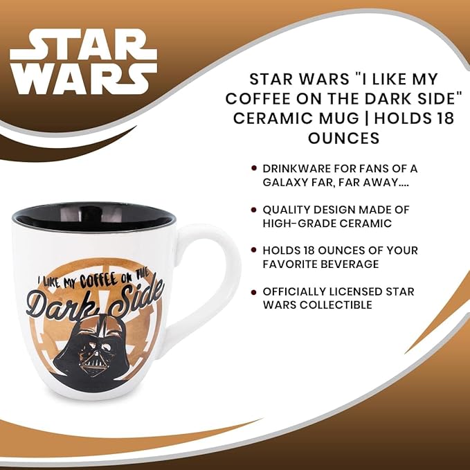 Star Wars "I Like My Coffee On The Dark Side" Ceramic Mug | BPA-Free Large Coffee Cup For Espresso, Caffeine, Beverages, Home & Kitchen Essentials | Lucasfilm Gifts and Collectibles | Holds 18 Ounces